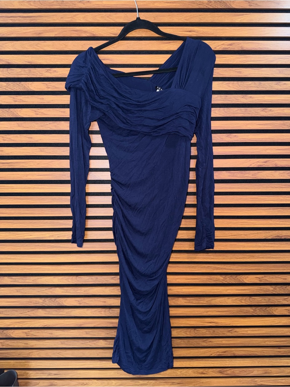VENUS Navy Asymmetrical One-Shoulder Ruched Midi Dress